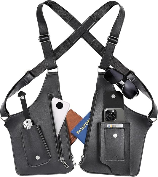 Large Double Shoulder Armpit Bag for Men 2026 Upgraded Anti-Theft Underarm Holster Bag Vintage PU Leather Concealed Crossbody Wallet Phone Pouch for Travel Outdoor Cycling Work