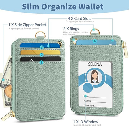 Lanyard Wallet with Id Badge Holder, Sage Green RFID Small Keychain Wallet Women Wristlet, Minimalist Zipper Credit Card Holder Phone Wrist Neck Strap for Key Name Tag, Teacher Office Gift