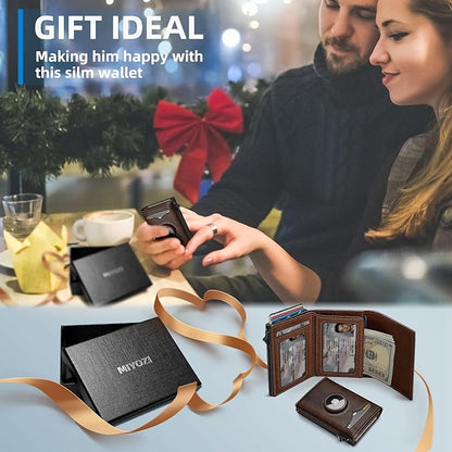 miyozi Airtag Wallet for Men,with Cash Pocket 2 ID Window 9-12 Cards,Metal Case Smart Slim Pop Up Credit Card Holder Flip with Magnetic Closure RFID Blocking Trifold wallet with Gift Box
