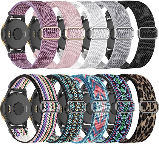 Compatible with Garmin Vivoactive 5 Band 20mm, Vivoactive 6/3, 10 Pack Nylon Watch Bands for Garmin Forerunner 165/55/245/Venu/Venu Sq/Venu 2 Plus Soft Stretchy Replacement Strap for Women Men