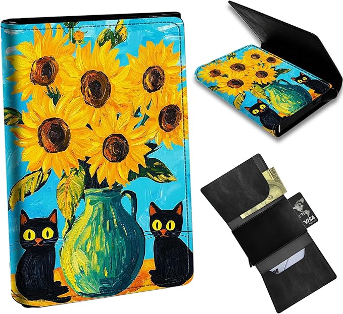 Minimalist Wallet for Men's Card Holders, Pop-Up Card Case Wallets for Women, Leather Automatic Credit Card Holder with Metal Money Clip RFID Blocking Bifold Pocket, Sunflower Black Cat