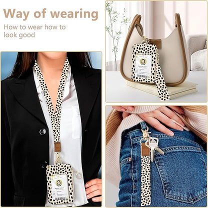 bolimoss Polka Dot ID Badge Holder Cute Teacher Lanyard Wallet, Credit Card Holders with Removable Wristlet & Neck Lanyard, Leather ID Name Badg 5 Card Slots Zipper Purses