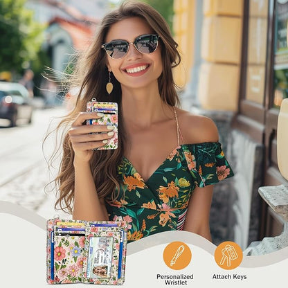 Yonlevres Credit Card Holder Slim Wallet, Floral RFID Wallet Women Front Pocket Small Card Holder, Travel Cute Thin with ID Window PU Leather RFID Blocking Case Organizer Gift Girls Ladies