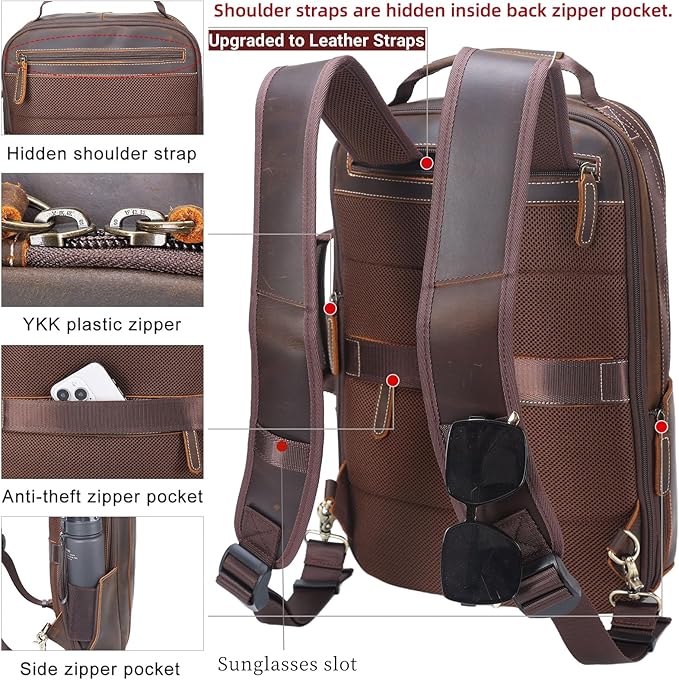 Masa Kawa Leather 15.6" Laptop Backpack for Men Convertible Briefcase Backpacks Expandable Vintage Business Work Travel Rucksack Daypack, Brown