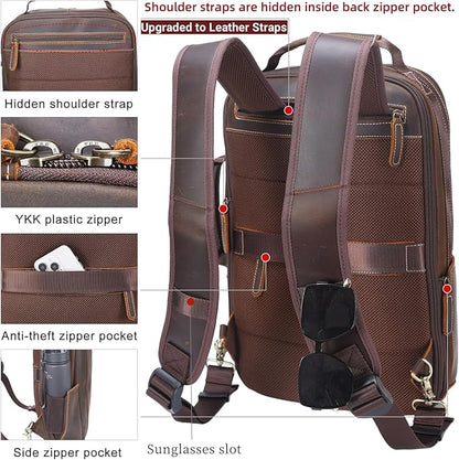 Masa Kawa Leather 15.6" Laptop Backpack for Men Convertible Briefcase Backpacks Expandable Vintage Business Work Travel Rucksack Daypack, Brown