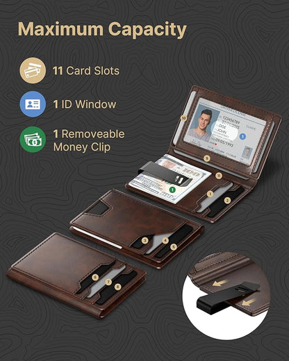 typecase Leather Wallet for Men Card Holder: Premium Genuine Leather, RFID Blocking, Slim, Minimalist, Front Pocket - 15 Cards Capacity | ID Window | Money Clip (Deep Brown)