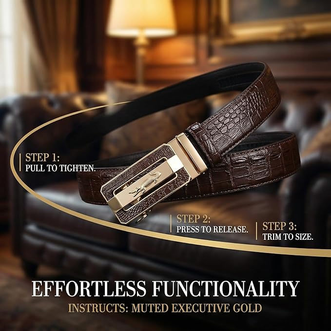 Luxury Crocodile Pattern Leather Belt with Automatic Buckle, Black and Brown, Gold and Gunmetal Buckle, Ratchet Design