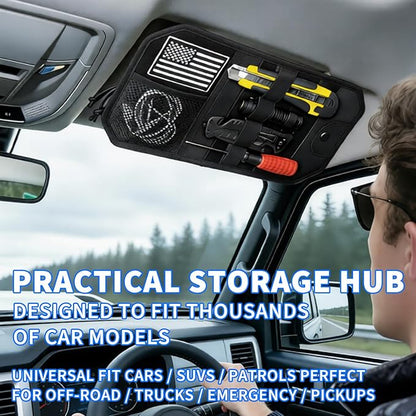 Car Tactical Sun Visor Organizer Sag-Free MOLLE Panel with Zipper Storage & Glasses Clip Universal Fit for Trucks, SUVs, and Patrol Vehicles - Ideal for Daily Use & Outdoor Adventures（Black）