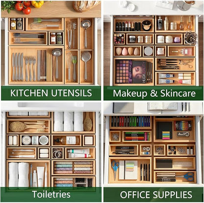 Bamboo Drawer Organizer 7 Pcs for Kitchen Multi-purpose Storage Dividers for Kitchen, Office, Jewelry, Cosmetics, Wooden Drawer Dividers for Drawer Organizer Desk Organizer Gift for Women Gifts Idea