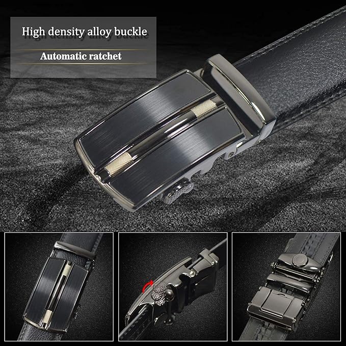 JINIU Men's Ratchet Belt Buckle, Black Genuine Leather Slide Belt for Men Dress Suit, Micro Adjustable Trim to Fit Boxed