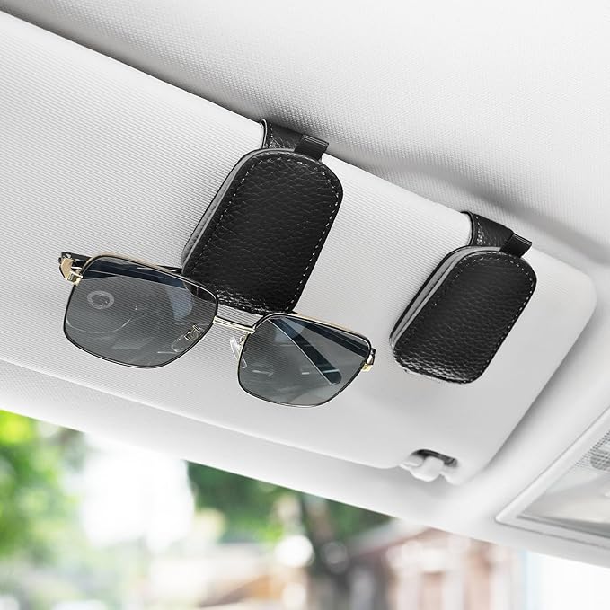 SINGARO Sunglasses Holder for Car, Leather Magnetic Buckle Sun Visor Sunglass Clip, Ticket Card Storage Glasses Clip, Car Interior Accessories for Men and Women（2PCS Black-Gray）