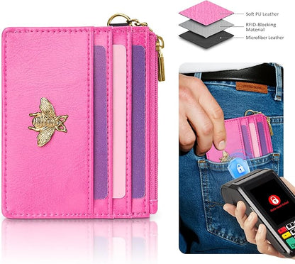 SEAVILIA Card Holder Keychain Wallet for Women with ID Window RFID Coin Purse Bee Gifts Slim Minimalist Small Wallet