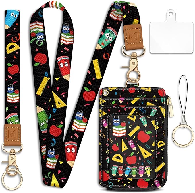 Lanyard Wallet with Id Badge Holder, Teacher RFID Small Keychain Wallet Women Wristlet, Cute Zipper Credit Card Holder Phone Wrist Neck Strap for Key Name Tag, Student School Office Gifts