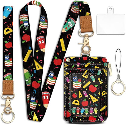 Lanyard Wallet with Id Badge Holder, Teacher RFID Small Keychain Wallet Women Wristlet, Cute Zipper Credit Card Holder Phone Wrist Neck Strap for Key Name Tag, Student School Office Gifts