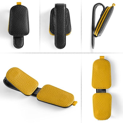 SINGARO Sunglasses Holder for Car, Leather Magnetic Buckle Sun Visor Sunglass Clip, Ticket Card Storage Glasses Clip, Car Interior Accessories for Men and Women（Black-Yellow）