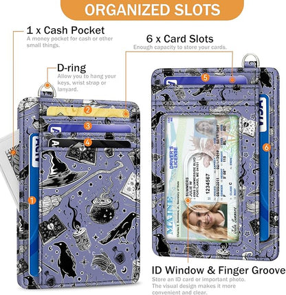 Yonlevres Credit Card Holder Slim Wallet, Magic Goth RFID Wallet Women Front Pocket Small Card Holder Travel Cute Funny Thin Card Case ID Window PU Leather RFID Blocking Card Organizer Gifts Girls
