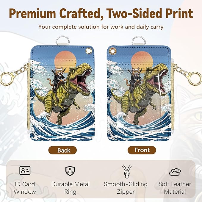 Funny Surfing Cat Riding Dinosaur Leather Badge Holder with Zipper Pocket, Work Lanyards and 1 Zip Pocket and 4 Card Slots, Cute Breakaway Lanyards with Metal Clasp for Boys, Adult