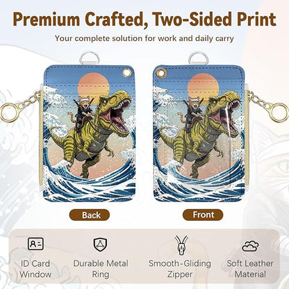 Funny Surfing Cat Riding Dinosaur Leather Badge Holder with Zipper Pocket, Work Lanyards and 1 Zip Pocket and 4 Card Slots, Cute Breakaway Lanyards with Metal Clasp for Boys, Adult