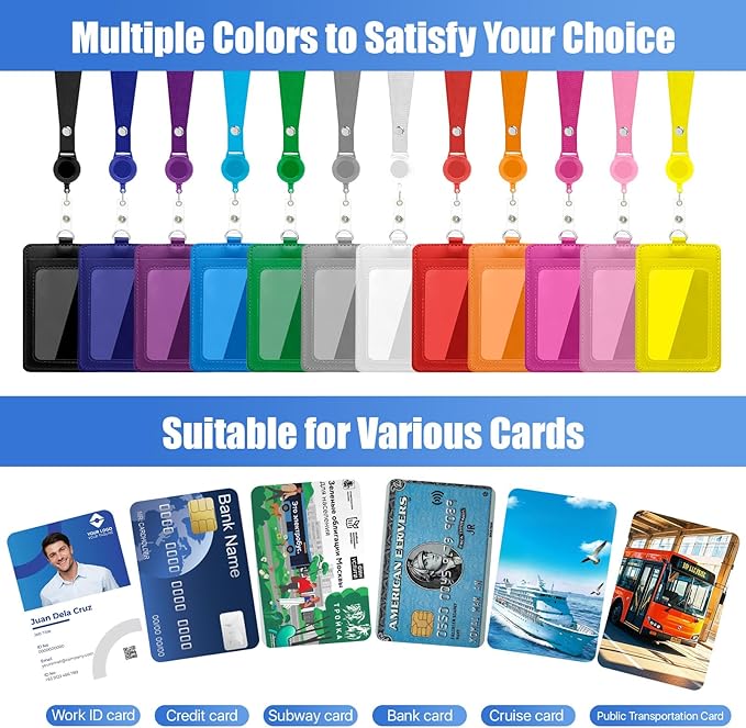 24 Pcs ID Badge Holder with Retractable Lanyard, Leather Vertical Id Card Holder with Badge Reel Neck Lanyard, Colorful Heavy Duty Retractable Lanyards with ID Holder for Work Cards Office