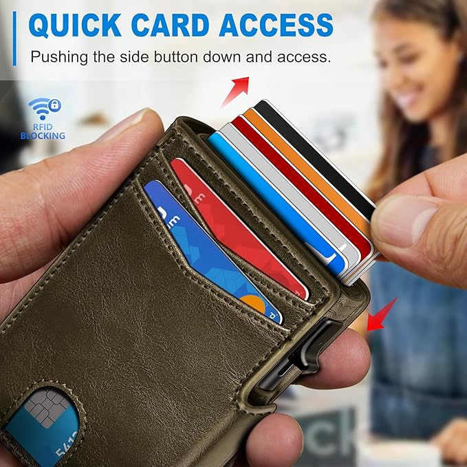 miyozi Wallet for Men, Magnetic Minimalist Slim Wallet with Pop Up Card Holder, 9 Cards RFID Blocking Metal Credit Card Case, Leather Wrapped Money Clip, ID Window & Small Item Slot, Gift Boxed