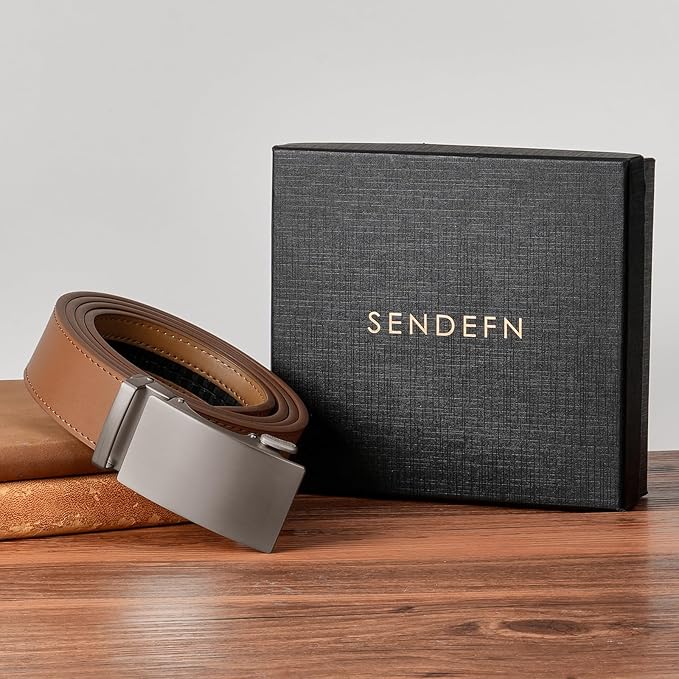 SENDEFN Men's Leather Belt Automatic Ratchet Buckle Slide Belt for Dress Casual Trim to Fit with Gift Box