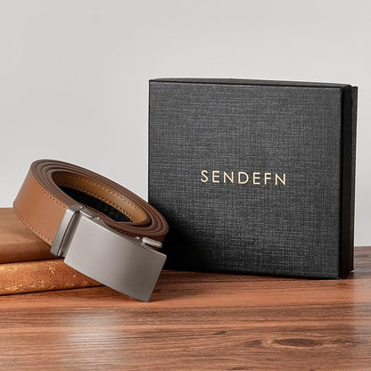SENDEFN Men's Leather Belt Automatic Ratchet Buckle Slide Belt for Dress Casual Trim to Fit with Gift Box