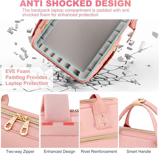 Lunch Backpack, 15.6 inch Laptop Backpack with Insulated Lunch Bag, Backpack Cooler for Women, Large Travel Backpack Lunch Box Compartment, Work Computer Backpack, Teacher College Book Bag, Pink