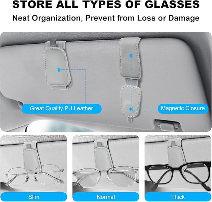 Teraves 2 Pack Sunglass Holder Clip for Car Visor, Upgrade Magnetic Leather Visor Sunglasses Clip, Easy to Hold Your Glasses Eyeglasses, Grey