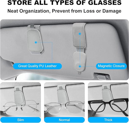 Teraves 2 Pack Sunglass Holder Clip for Car Visor, Upgrade Magnetic Leather Visor Sunglasses Clip, Easy to Hold Your Glasses Eyeglasses, Grey