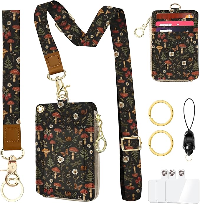 Butterfly Mushroom Lanyard for Id Badge, ID Badge Holder with Neck Wristlet Lanyard, RFID Vintage PU Leather ID Case Wallet with Removable Lanyard Keychain for Teacher Nurse Work Office Gifts