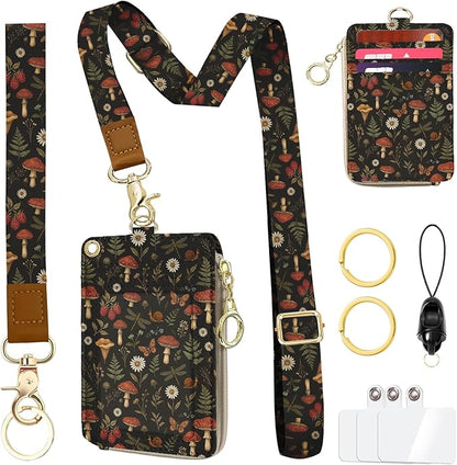 Butterfly Mushroom Lanyard for Id Badge, ID Badge Holder with Neck Wristlet Lanyard, RFID Vintage PU Leather ID Case Wallet with Removable Lanyard Keychain for Teacher Nurse Work Office Gifts