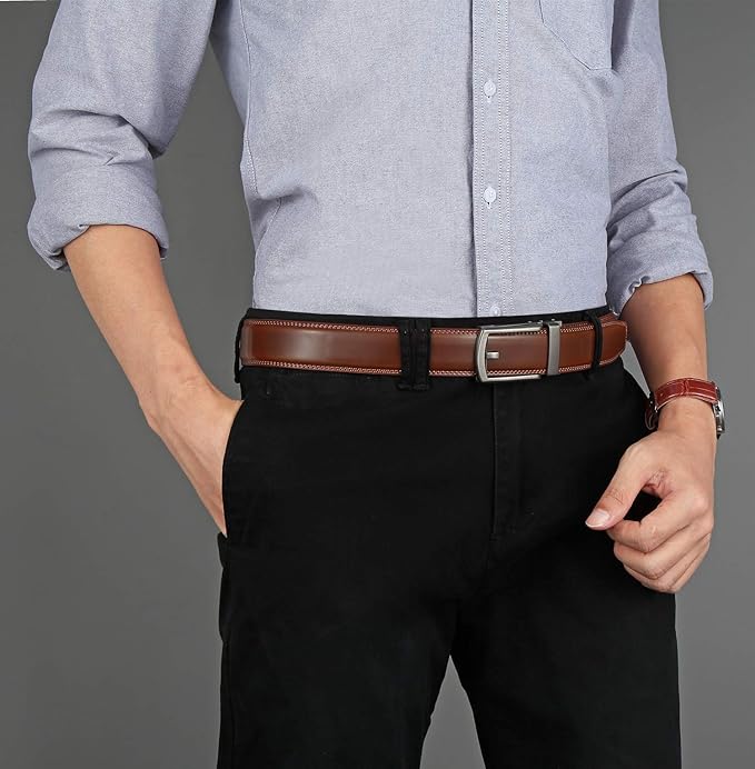 Lingli Men's Belt,Ratchet Dress Belt with Automatic Buckle Brown/Black-Trim to Fit-35mm wide