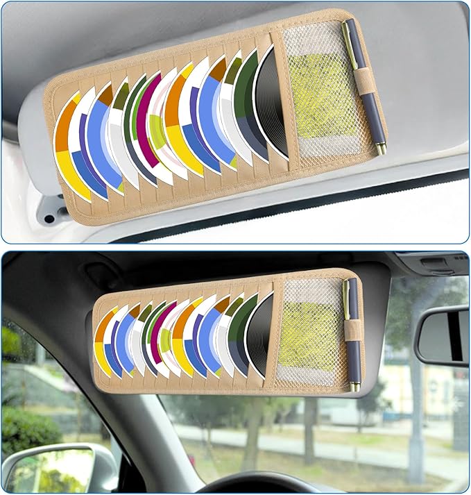Molain CD Case Holder for Car, DVD Vehicle Sun Visor Organizer for Cars Large Capacity CD Visor Case Car with 12 DVD Storage Sleeves 1 Mesh Pocket 1 Pen Holder and Elastic Strap(Khaki)