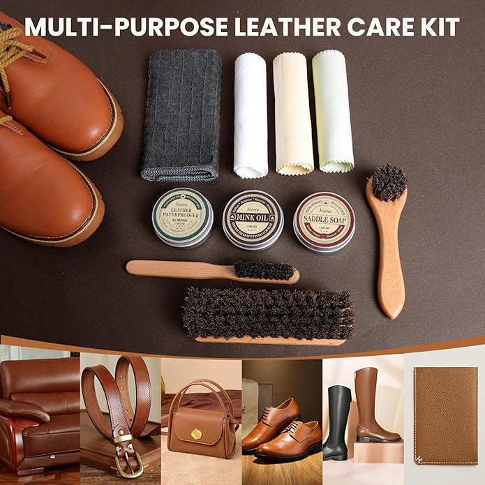 Nuroon 10Pcs Leather Care Kit- 3Pcs Horsehair Brushes, 1.76oz Saddle Soap, 1.76oz Mink Oil and Wax Waterproofer