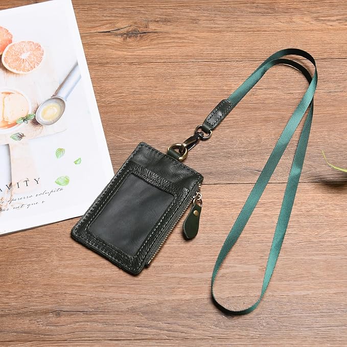 Wonderpool Leather ID Badge Holder with Zipper Wallet Pouch - Card Slots Case Detachable Neck Lanyard and Retractable Badge Reel for Office School Hospital Exhibition ID (Green)