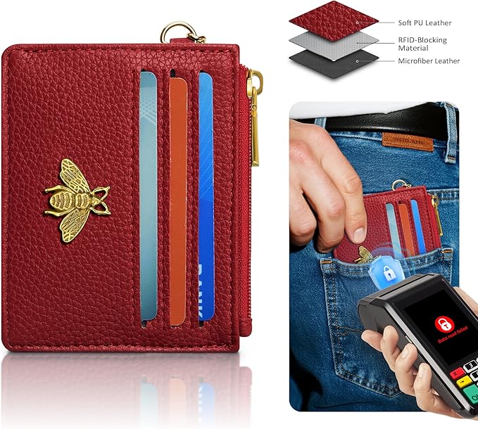 SEAVILIA Card Holder Keychain Wallet for Women with ID Window RFID Blocking Coin Purse Bee Gifts Slim Minimalist Small PU Leather