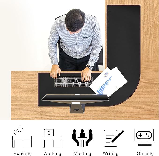 ZORESYN L Shaped Desk Mat 43.3"(L) x 43.3"(L) x 13"(W), Mouse pad for Corner Desk, Computer Corner Desk Pad, Writing Desk Pad Protector, Large Waterproof PU Leather Corner Mousepad - Black
