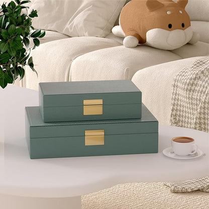 Decorative Storage Boxes Set of 2 - Multi-Purpose Beautiful PU Leather Organizer Bins for Your Home Decor - Decorative Containers with Lids Store Photos, Documents, Memory Box Keepsakes (Green)