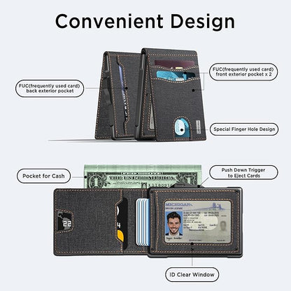 umoven Wallet for Men - Pop Up Case, Cash Slot, and Credit Card Slot - Slim Aluminum Wallet with RFID Blocking, Minimalist Leather Wallet Front Pocket with ID Window (Denim)
