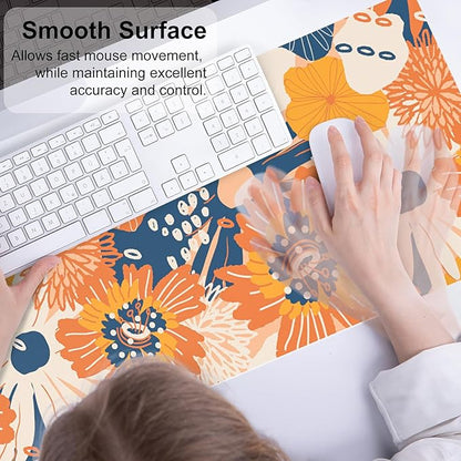 QiyI Large Desk Pad, Floral Mouse Pad Desktop Decor, Waterproof PU Leather Desk Cover Protector, Desk Accessories for Office Home Work Writing Gaming 31.5" x 11.8" - Orange Blue Flowers