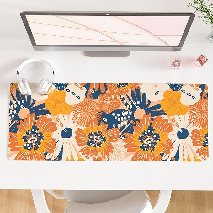 QiyI Large Desk Pad, Floral Mouse Pad Desktop Decor, Waterproof PU Leather Desk Cover Protector, Desk Accessories for Office Home Work Writing Gaming 31.5" x 11.8" - Orange Blue Flowers
