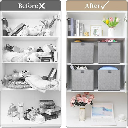 Storage Baskets, 11.8-Inch Woven Fabric Bins, Storage Cubes with Reinforced Handles, Organizer Bins for Closet Shelves, Foldable, for Toys, Clothes (4PCS/Grey-11.8*11.8*11.8inch)