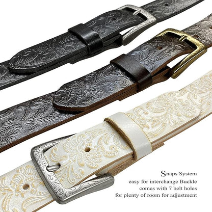 Cowboy Cowgirl Western Tooled Floral Embossed Full Grain Genuine Leather Belt Strap 1-1/2"(38mm) Wide