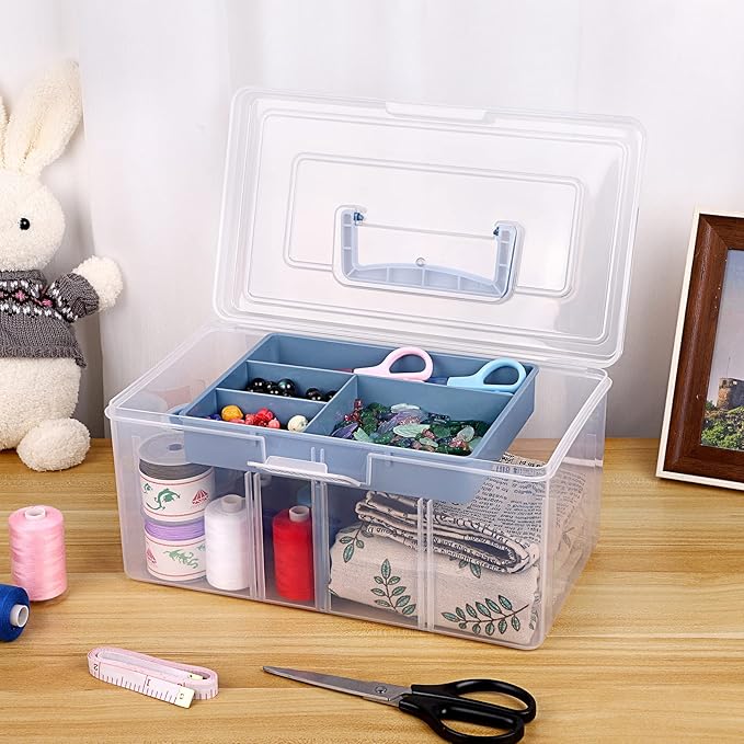 BTSKY 2 Layer Clear Plastic Dividing Storage Box with Removable Tray Multipurpose Stationery Storage Box with Handle Portable Sewing Box Art Craft Supply Organizer Home Utility Box (Big Blue)