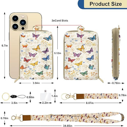 Colorful Butterflies Watercolour PU Leather ID Badge Holder with Lanyard with Keychain Phone Lanyard Wrist Strap, RFID Blocking, for Office School Business Women