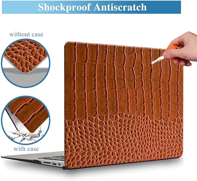KEROM Compatible for Crocodile MacBook Pro 13 Inch Case 2025-2016 M2 M1 A2338 A2289 A2251 A2159 A1989 A1706 A1708, Textured Aligator Skin Snakeskin PU Leather Hardshell & Keyboard Cover, Brown