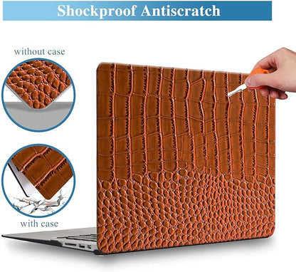 KEROM Compatible for Crocodile MacBook Pro 13 Inch Case 2025-2016 M2 M1 A2338 A2289 A2251 A2159 A1989 A1706 A1708, Textured Aligator Skin Snakeskin PU Leather Hardshell & Keyboard Cover, Brown