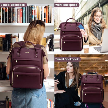 LOVEVOOK Leather Laptop Backpack for Women 17 Inch, Travel Purse for Nurse Teacher, Computer Bag, Professional College Business Work Carry-On With USB Port, Wine Red