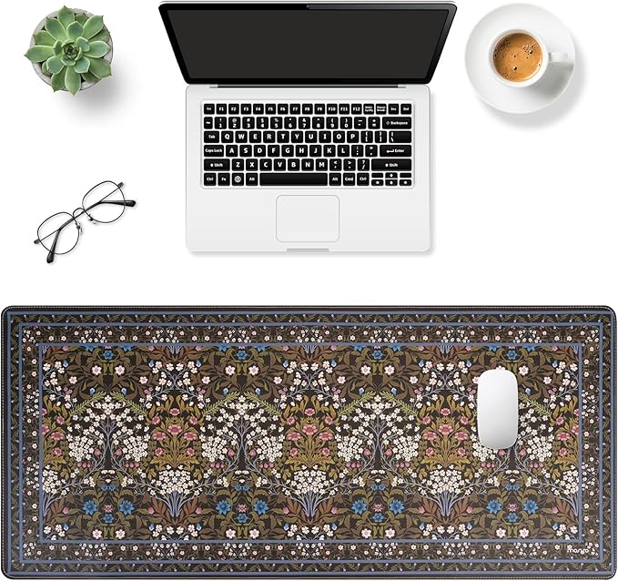 MOSISO Large Mouse Pad Gaming Mousepad, 35.43 x 15.74 inches Vintage Floral Cluster PU Leather Mousepad with Anti-Slip Base&Stitched Edges, Keyboard Pad Mouse Mat for Desktop/Office/Home, Black