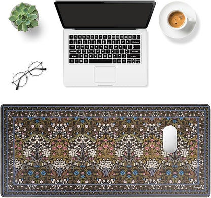 MOSISO Large Mouse Pad Gaming Mousepad, 35.43 x 15.74 inches Vintage Floral Cluster PU Leather Mousepad with Anti-Slip Base&Stitched Edges, Keyboard Pad Mouse Mat for Desktop/Office/Home, Black